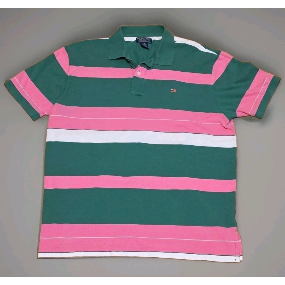 Polo Jeans Co Ralph Lauren Rugby Green Pink White Stripped Polo Shirt Vintage L